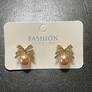 Gold Bow Faux Pearl Earrings With Clear Crystals New